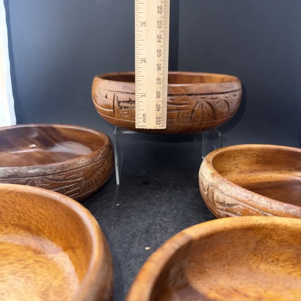 Set of 5 Hand Carved Monkey Pod Wood Bowls Asian Landscape Serving Bowls